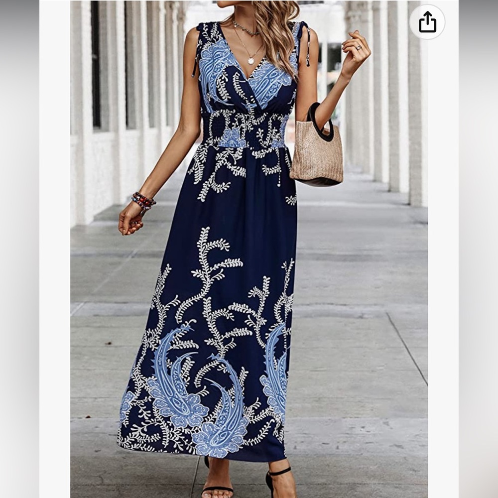 Sleeveless Navy Maxi Dress with Blue Floral Print, Medium size